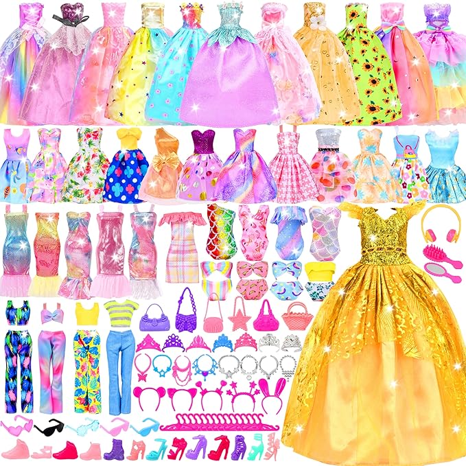 85 Pcs Doll Clothes and Accessories Kit, Include Princess Gowns, Fashion Skirts, Evening Dresseses, Tops, Pants, Bikini Swimsuits, Shoes, Crowns, Necklaces, Glasses in Gift Box for 11"-12" Dolls