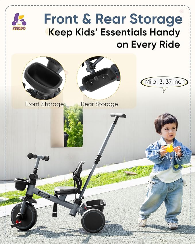KRIDDO 2-in-1 Tricycle for Toddlers 1.5-5 Years, Push Tricycle with Parent Steering & Detachable Handle, 9-Stage Adjustable Handlebar, Toddler Trike with Safety Belt, Clutch Pedals & Dual Basket, Grey