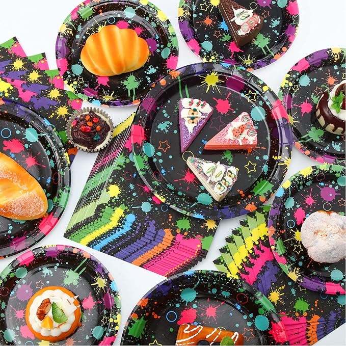100 Pcs Neon Party Supplies, Serves 20 Guests, Neon Plates and Napkins Tableware Set Glow in The Dark Birthday Disposable Paper Dinnerware Graffiti Party Decoration for Birthday Baby Shower