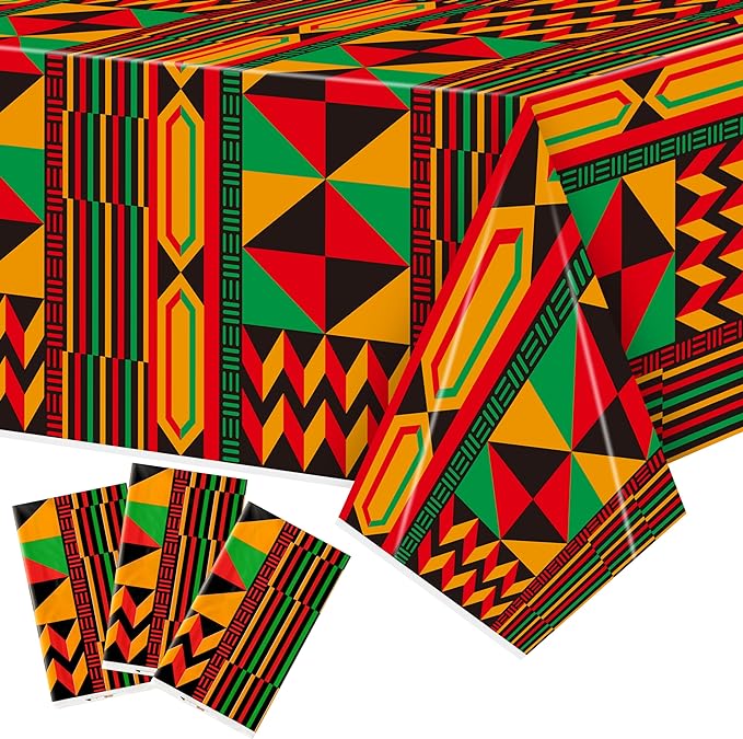 3 Packs Happy Kwanzaa Happy Juneteenth Tablecloth Decorations, African Disposable Waterproof Plastic Striped Checkered Table Covers, Afro Tablecloths for African-American Party Favor Supplies