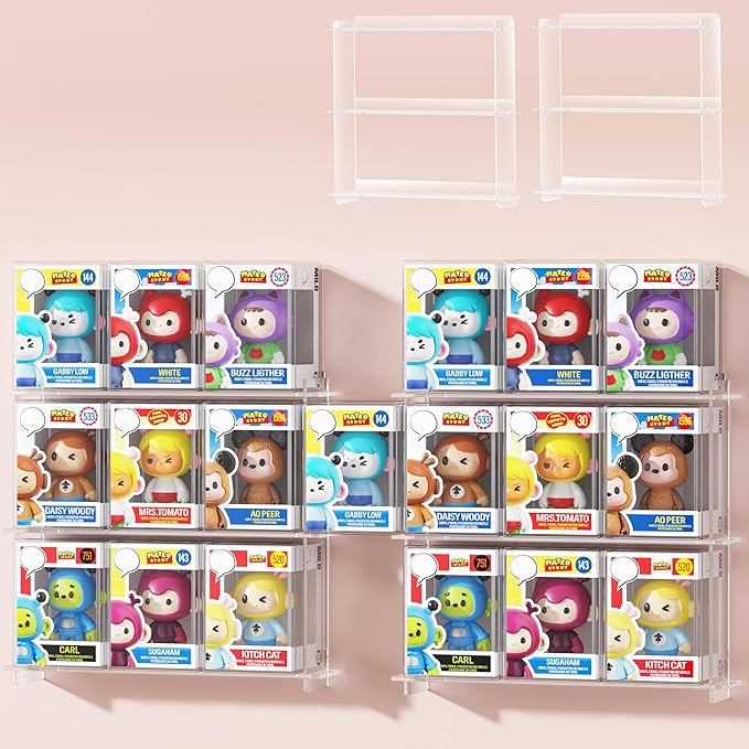 Wall Floating Shelves Compatible with 21 Funko Pops in Box, Clear Tiered Display Shelf for Collectibles, Acrylic Figurine Protector Display Case, Stackable Action Figures Collection Stand, 2 Pack