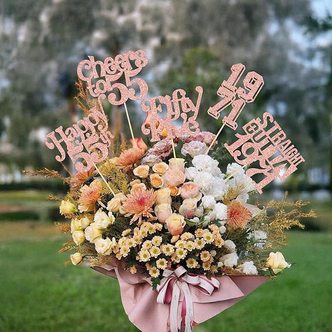 Gyufise 15Pcs Happy 55th Birthday Centerpiece Sticks Fifty Five Straight Outta 1971 Table Flower Centerpieces Sticks Cheers to 55 Decorations for 55th Birthday Party Supplies Rose Gold