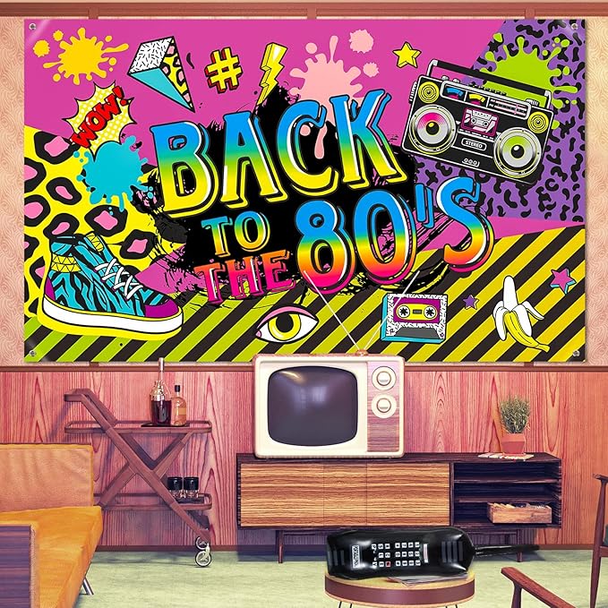 Xuhal 80's Party Decorations Back to the 80s Party Backdrop Banner with Inflatable Radio Boombox and Mobile Phone Latex Balloons for 80s Hip Hop Themed Birthday Photo Booth Background Party Supplies