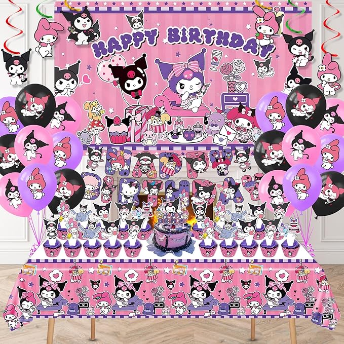 Kuromi Birthday Party Supplies, Party Decorations Set Include Banner, Backdrop, Balloons, Hanging Swirls, Cake Cupcake Toppers, Tablecloth for Girls Kuromi Theme Party