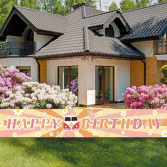 Groovy Happy Birthday Long Banner with 118X19.7 inch,Retro Hippie Boho Girl Birthday Party Decorations,Daisy Flower Photography Backdrop Groovy Party Supplies for Happy Birthday Baby Shower