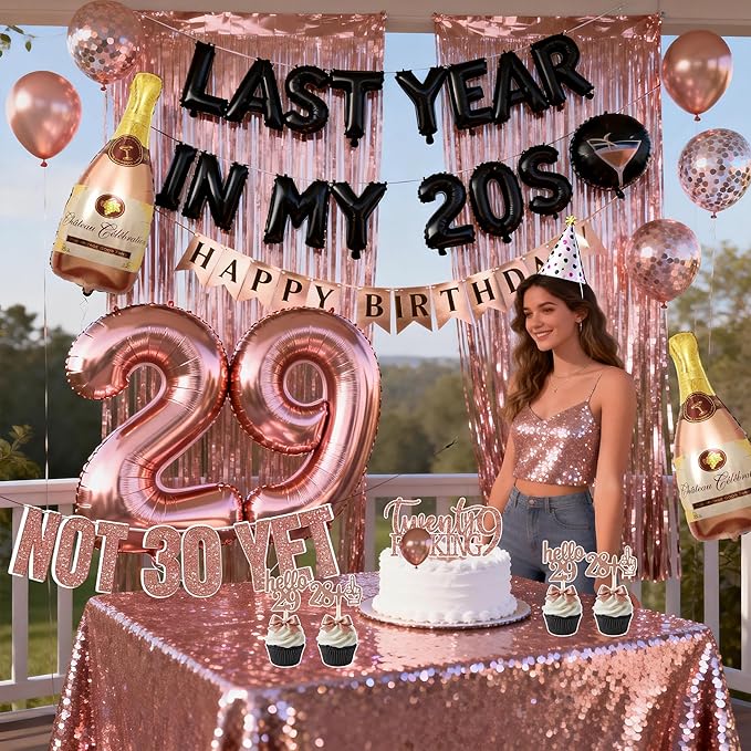 Last Year In my 20S Birthday Decorations for Women include Last Year In My 20s Balloon Banner Not 30 Yet Glitter Banner Cake Topper Cupcake Toppers for 29th Birthday Decor Party Supplies (rose gold)