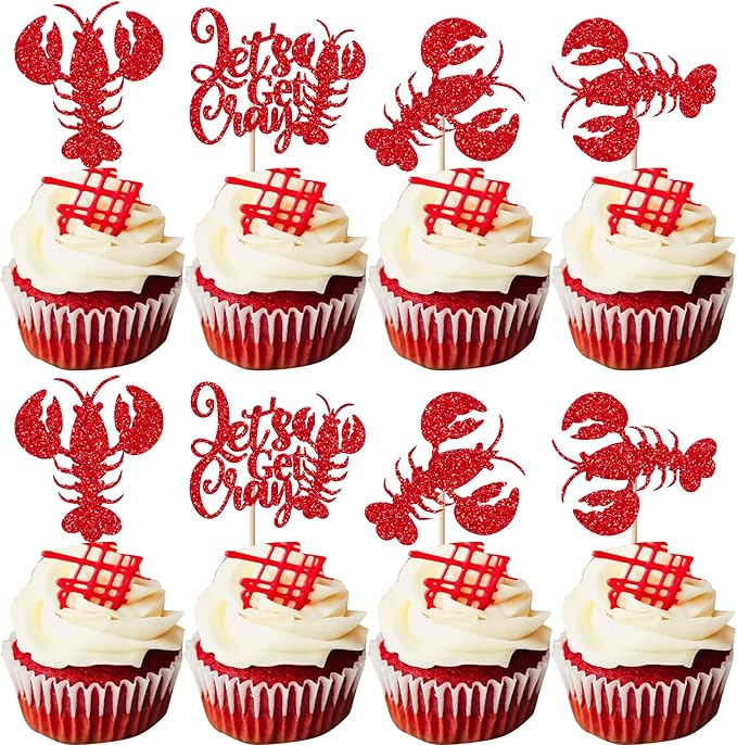 24 Pack Crawfish Cupcake Toppers Red Glitter Lobster Cupcake Picks Let's Get Cray Bachelorette Sea Animal Theme Baby Shower Kids Birthday Party Cake Decorations Supplies Red
