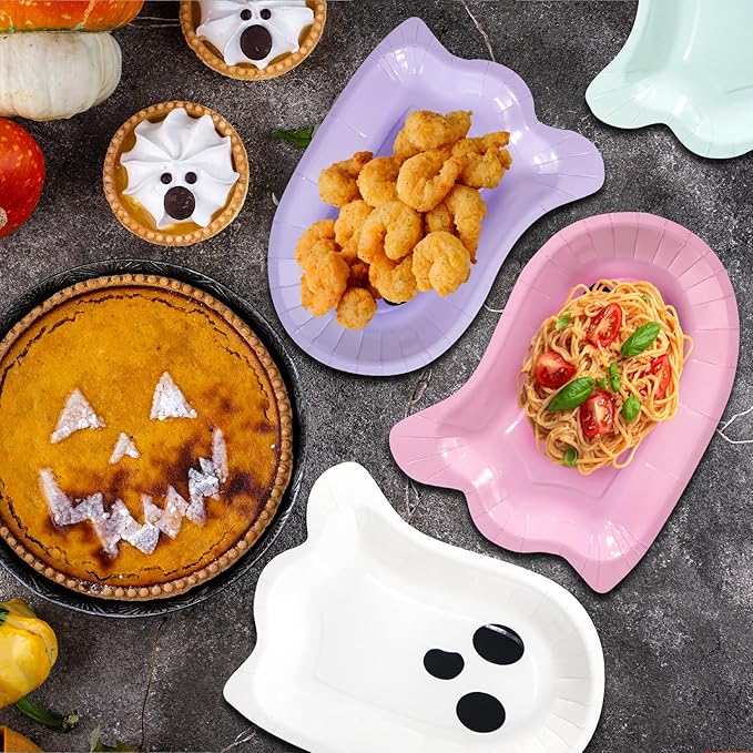 180Pcs Halloween Ghost Party Supplies Paper Plates and Napkins Serve 60 Disposable Tableware Set for Birthday Party Decorations Game Day Family Holiday Sports Events