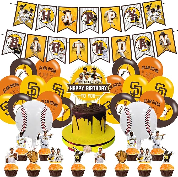 Baseball Team San-Diego Party Decorations,Birthday Party Supplies For Baseball Team San-Diego Party Supplies Includes Banner - Cake Topper - 12 Cupcake Toppers - 18 Balloons
