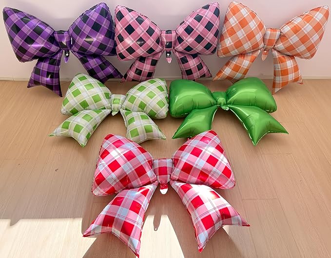 4Pcs Purple Black Gingham Bow Foil Balloons/Purple Plaid Checkered Bow Balloon for Korean Idol Demon Hunters Party, Bad Girl Showgirl Decor, Wednesday Ad*dam*s，Disco Cowgirl, Girls Night Out, Kurumi