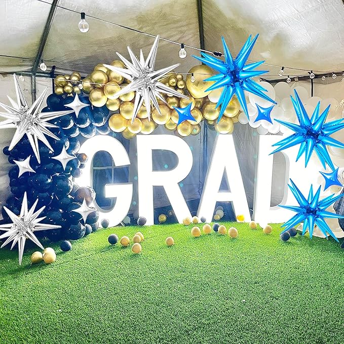 20 Pcs 27'22'Explosion Star Foil Balloons - 12 Point, Spike and Four Pointed Star Balloons for Party Supplies - Christmas, Birthday, Wedding & Photo Booth (Silver Blue)