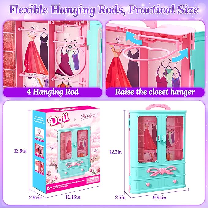 70 Pcs Doll Closet with Clothes & Accessories Including 2 Wedding Gowns 6 Fashion Dresses 2 Casual Outfits 2 Swimsuit 10 Shoes 20 Hangers 27 Accessories,Dress up Toys for Girls Kids Gifts