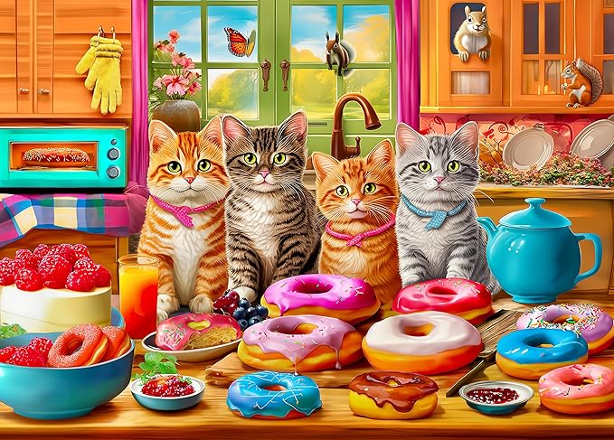 300 Piece Puzzles for Kids Boys Girls Ages 6-8 8-10 10-12 - Jigsaw Puzzles for Adults - Kitchen Kittens and Donuts