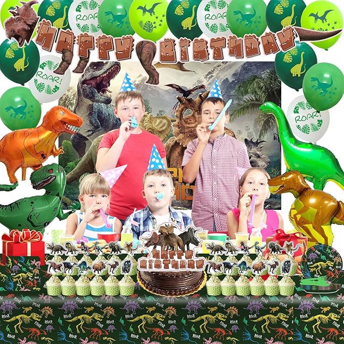 Dinosaur Birthday Party Supplies, Dinosaur Style Decorations Include Backdrop, Tablecloth, Banners, Cake Decoration, Cupcake Toppers, Latex and Aluminum foil Balloons, Hanging Swirls, Tableware Set