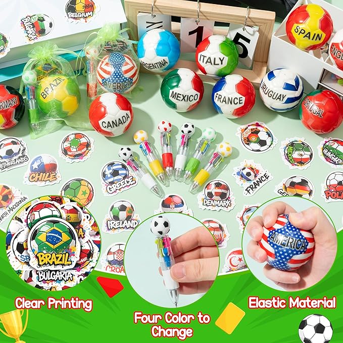 CY2SIDE 12 Pack Soccer Squeeze Toy Party Favor Gift Set with Ballpoint Pen Sticker and Organza Bag 2.5’’ Multi-Soccer Foam Stress Ball Classroom Prize for Kid Sport Lover Birthday Goodies Bag Stuffer