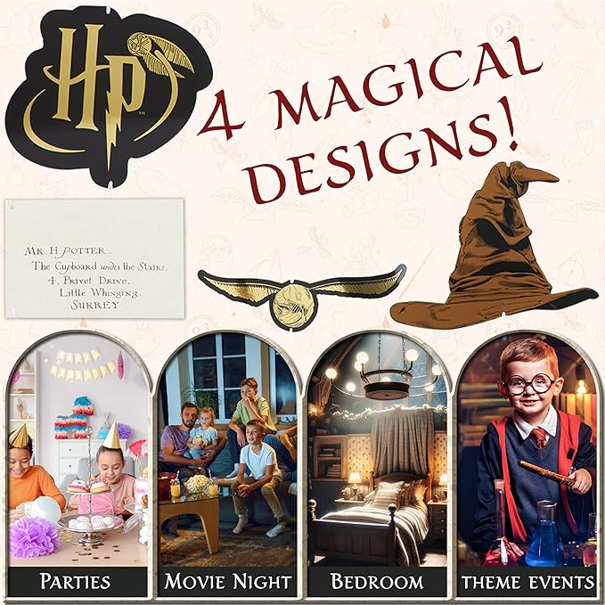 Harry Potter Gifts Garland Decorations Set of 4 Party Banners 4.9 Ft Golden Snitch Letters Sorting Hat Wall Decor Birthday Party Supplies Room Decor (Multi Banners, 40 Pieces)