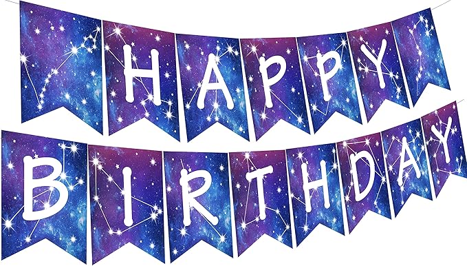 Galaxy Birthday Decorations Galaxy Happy Birthday Banner Space Astrology Party Decorations for Boys Girls Planet Starry Sky Theme Party Banner Supply for Solar System Themed Space Nebula Bunting Decor