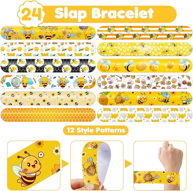 72PCS Bee Party Favors - 48PCS Pre-cut Tattoos & 24PCS Slap Bracelets - Honey Bee Birthday Supplies, Baby Shower Decorations, Classroom Prizes, Gifts for Girls & Kids