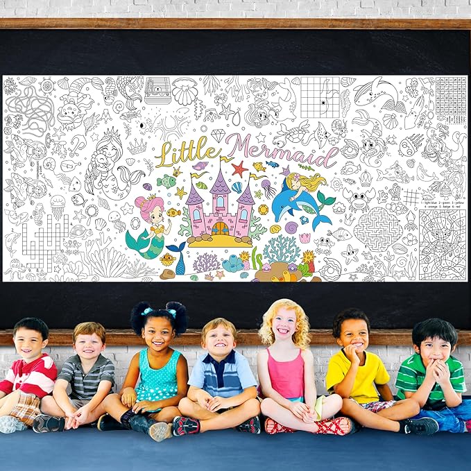 Mermaid Giant Coloring Poster for Kids 30 x 72 Inch, Large Coloring Poster Sheets Tablecloth, Mermaid Themed Color-in Activities Games for Kids School Classroom Home Party Supplies Decorations