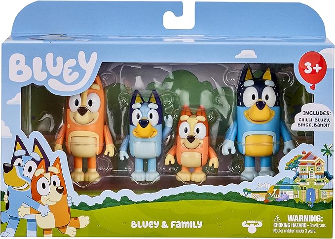 Bluey Family Figure Pack of 4, Robust Poseable Character Toys with Bingo, Chilli, and Bandit Figures, Toddler-Sized Animal Figurines for Kids Ages 3+