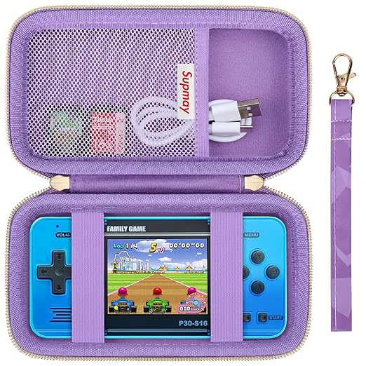 Supmay Carrying Case Compatible with WELLST·G/ for GuaiyeyeAP Handheld Game for Kids -Preloaded 220 Retro Video Games, Portable Gaming Player Storage Holder Travel Bag with Mesh Pocket, Purple(Cube)