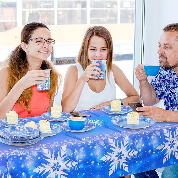 durony 145 Pieces Frozen Birthday Party Supplies Disposable Tableware Winter Snowflake Paper Plates Napkins Cups Forks Tablecloth for Christmas Winter Wonderland Frozen Party Decorations