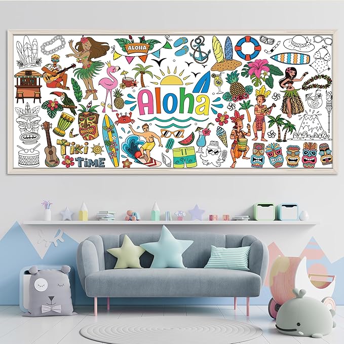 OHOME Hawaiian Giant Coloring Poster/Tablecloth - Luau Day Decorations - Jumbo Coloring Banner Crafts Gifts Activities Accessories Decor Party Decorations