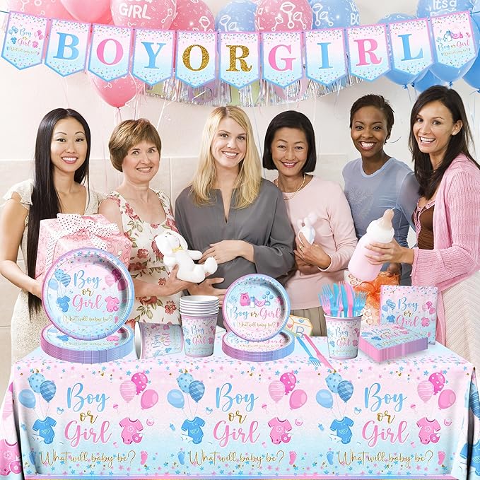 Gender Reveal Tableware 142Pcs-Gender Reveal Decorations Blue and Pink Star Baby Gender Reveal Boy or Girl Party Banner,Tablecloth,Plates,Napkins Cups Forks and Knives Supplies of Reveal Party
