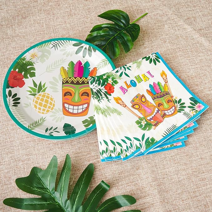 WERNNSAI Aloha Luau Plates and Napkins - Serves 50 Gusets 100PCS Hawaiian Tropical Tiki Party Supplies Disposable Tableware Set Luncheon Dinner Paper Plates Napkins for Birthday Party