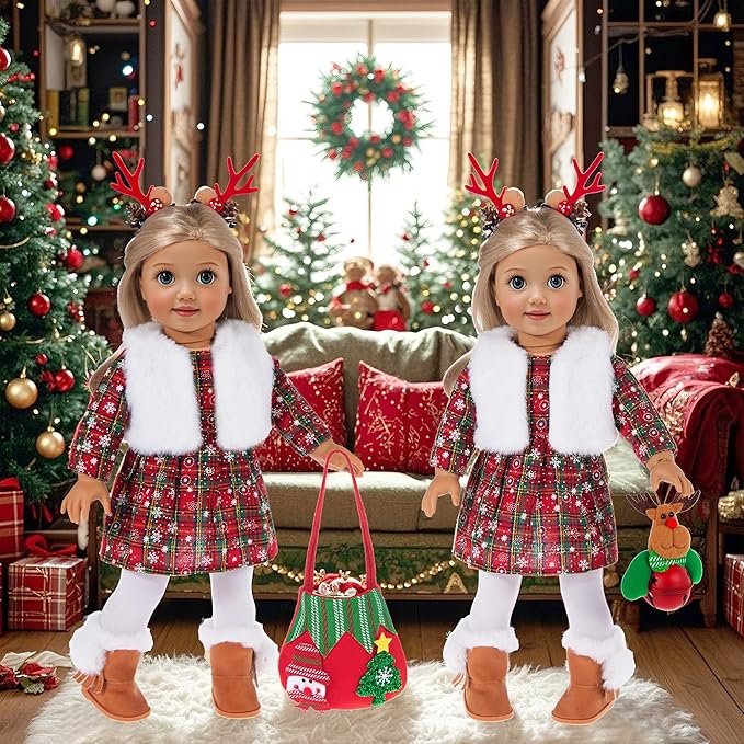 ebuddy 18 inch Doll Clothes and Accessories- Christmas Costume Playset Including Dress,Fur Vest, Tights, Boots, Hair Clips,Bell and Sticker (No Doll)