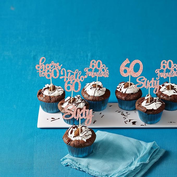 30Pcs Happy 60th Birthday Cupcake Toppers Rose Gold Glitter Sixty Cake Toppers Cheers to 60 Years Old Birthday Cupcake Picks for 60th Anniversary Party Cake Decorations Supplies