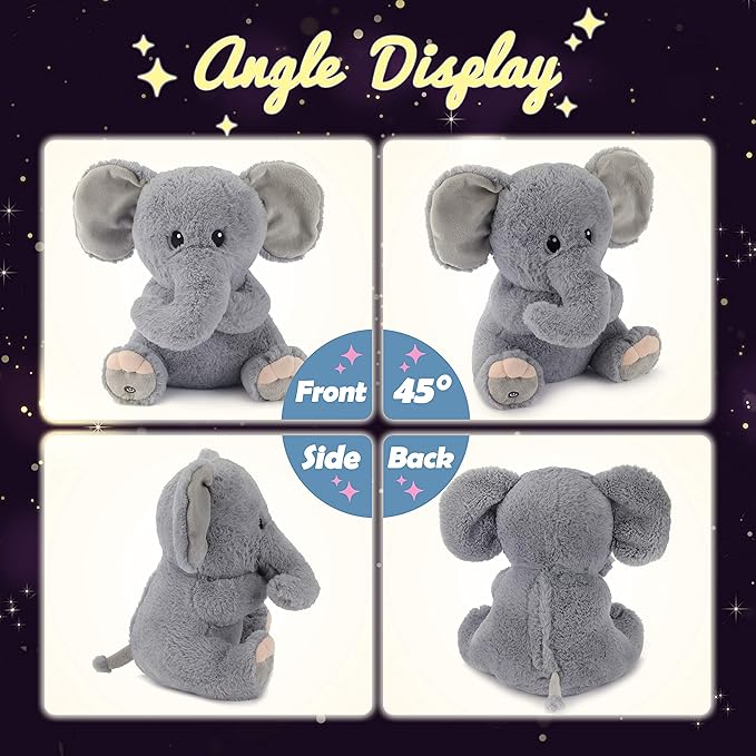 Hopearl LED Plush Elephant Lighting Up Stuffed Animal Floppy Night Lights Glow in The Dark Birthday Festival for Kids Toddler Girls, Gray, 11''