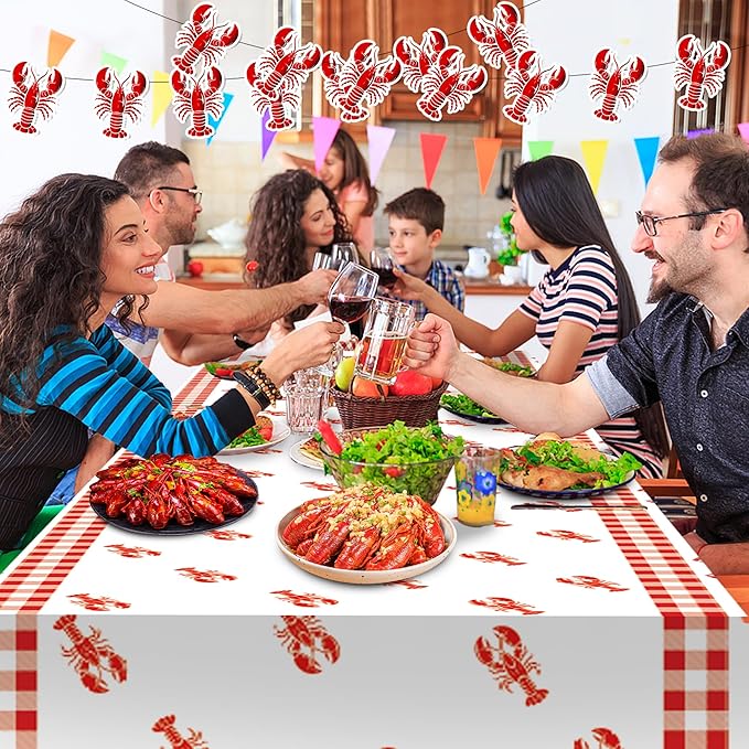 Iceyyyy 4 Pcs Crawfish Party Decorations Set-108"x54" White and Red Tablecloth & 32.8Ft Lobster Banner-Crawfish Boil Party Supplies for Birthday Party Lobster Festival Summer Barbecue Decor Supplies