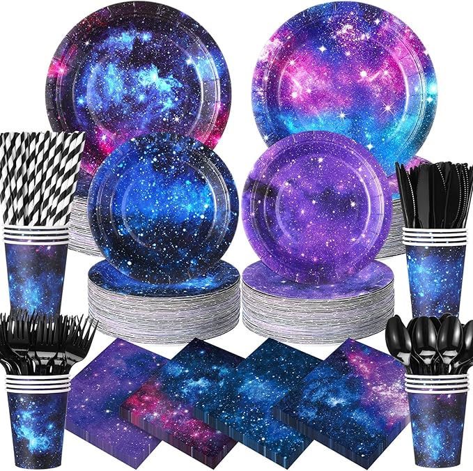 450 Pcs Space Galaxy Tableware Set Decorations, Starry Sky Paper Plates Napkins Cups Cutlery Straws for Outer Space Theme Birthday Baby Shower Party Supplies, Serves 50