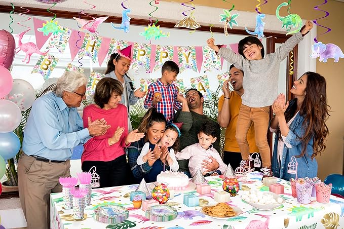 Dinosaur Birthday Party Supplies for Girls - Pink Dinosaur Party Decorations - Balloons Birthday Banner Plates Cups Napkins Tablecloth Tableware (Serves 20)
