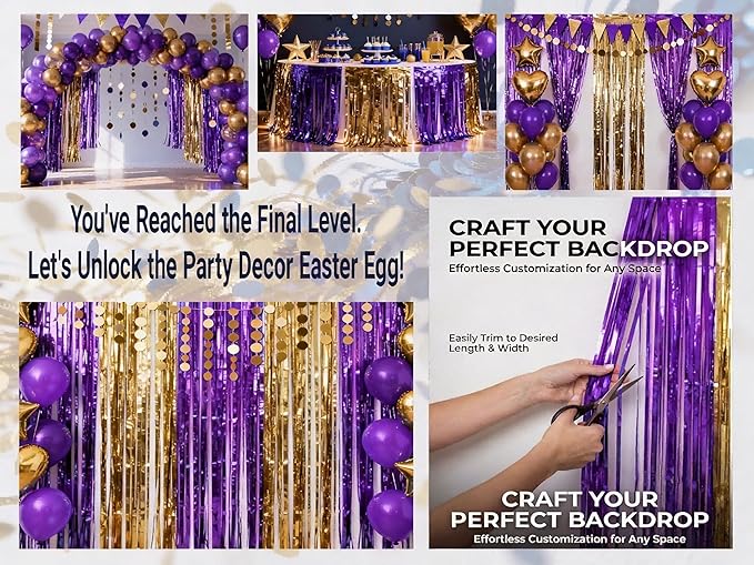 3 Packs Purple Gold Foil Fringe Curtains, Birthday Party Decorations Backdrop Tinsel Steamer, Wedding Engagement Bridal Shower Party Decorations Retirement Decor Graduation Party Backdrop