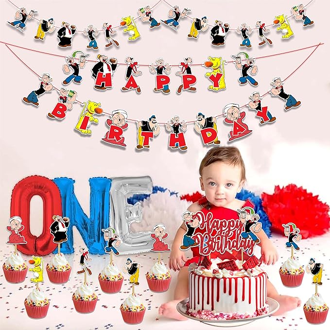 Popye Theme Birthday Party Supplies - Sailor Cartoon Inspired Party Decorations, Nautical Theme Birthday Banner, Cake Topper & Cupcake Decoration Set, Sea Adventure Celebration Decor