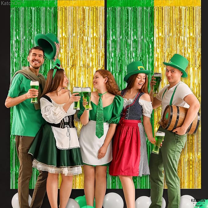 KatchOn, Green and Gold Foil Fringe Curtains - 6.5x6.5 Feet | St Patricks Day Backdrop for St Patricks Day Decorations | St Patrick's Backdrop, St. Patrick's Day Decorations