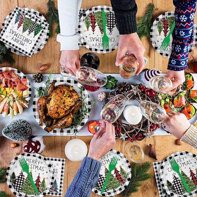 96 Pieces Christmas Tree Tableware Party Supplies – Black and White Buffalo Plaid Disposable Dinnerware with Paper Plates, Napkins, and Plastic Forks for Rustic Winter Celebration – Serves 24