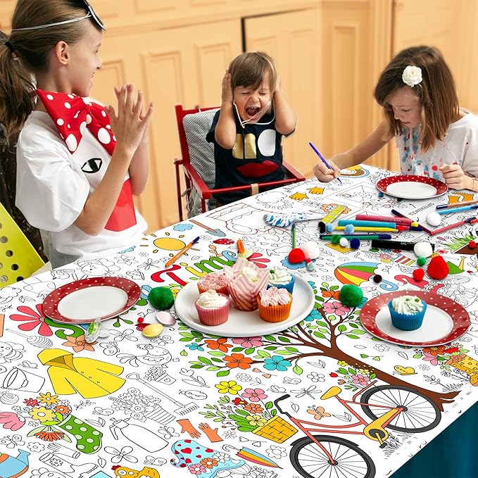 Spring Coloring Tablecloth for Kids, Giant 30x72 Inch Poster with Flowers, Rainbows, Nature Icons, Perfect for Party Games, Seasonal Decorations, Creative Activities, Event Supplies