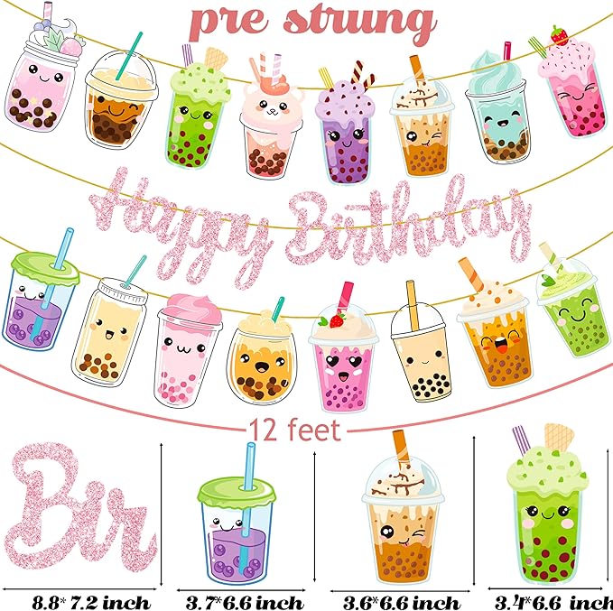 Bubble Tea Birthday Party Banners 3Pcs Boba Tea Birthday Party Decorations Pink Happy Birthday Banners Pearl Milk Tea Themed Banner Decorations for Bubble Tea Party Baby Shower Supplies