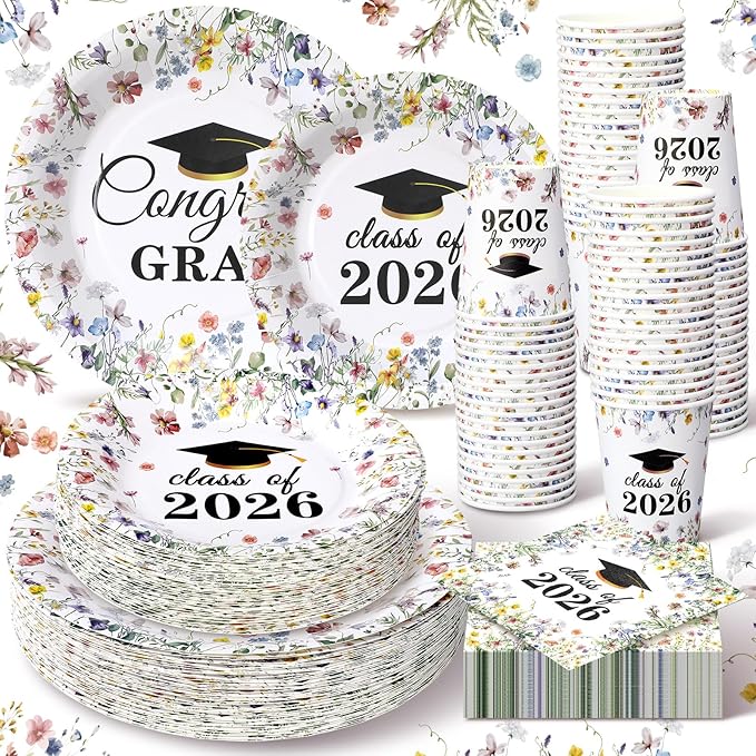 Hsei 250 Pcs Wildflower Graduation Disposable Plates and Napkins Floral Congrats Grad Disposable Tableware Set for 50 Guests Wildflower Paper Plates Napkins Cups for Girls Nurses Graduation Party