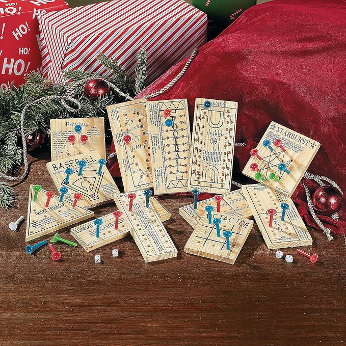 Fun Express Wooden Board Games Set 12 Pack - Classic Travel Games for Kids & Adults | Mini Peg Board Games, Checkers & Tic Tac Toe | Portable Family Game Night Collection for Road Trips & Camping