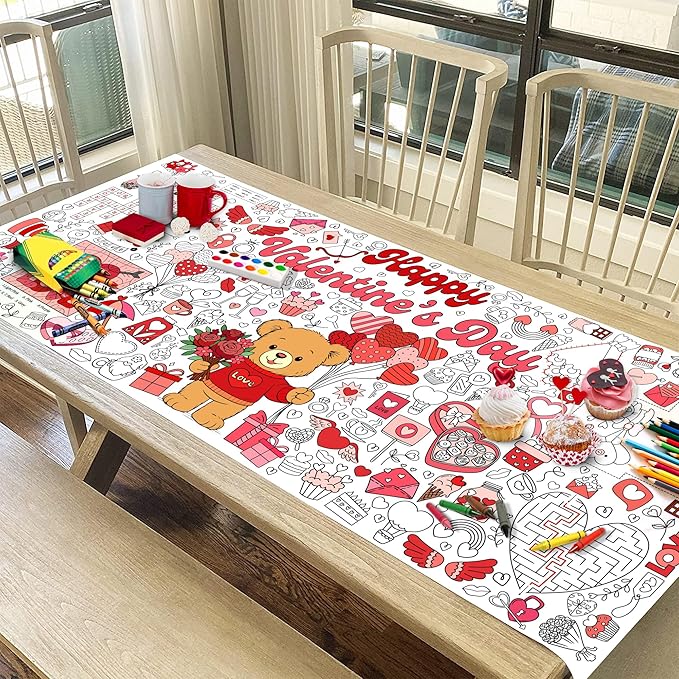 Valentine Coloring Tablecloth, Giant 30x72 Inch Poster with Bear, Hearts and Love Designs, Valentine’s Day Party Activities, Classroom Decorations, Party Supplies and Favors