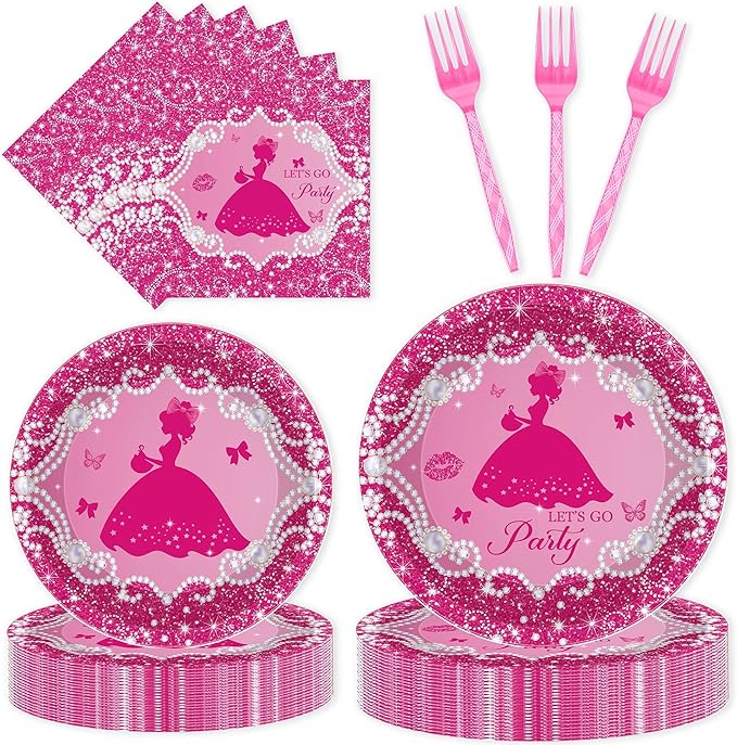 96Pcs Let's Go Party Plates & Napkins, Princess Birthday Party Tableware Set, Pink Disposable Plates, Forks, Bachelorette Girl Napkins for 24 Guests