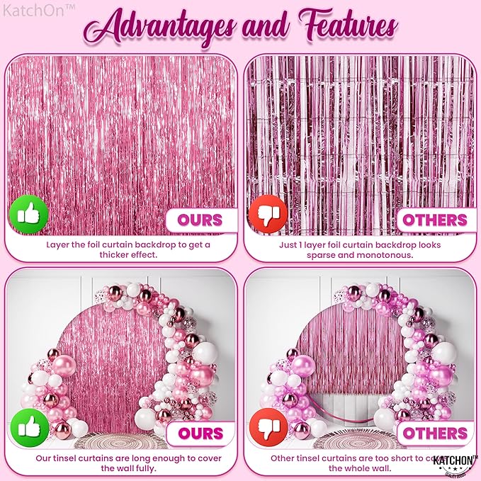 KatchOn, Pink Streamers for Party Decorations - XtraLarge 3.2x8 Feet, Pack of 2, Pink Backdrop Party Decoration Tinsel Curtain Backdrop Foil Fringe Birthday Decorations, Bachelorette, Graduation Decor