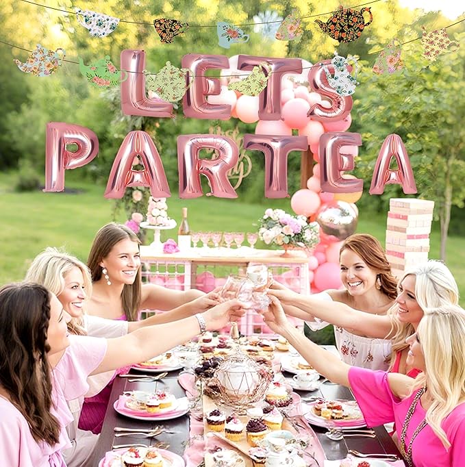 Let's Par Tea Decorations Tea Party Balloons Banner LET'S Par-Tea Foil Balloon Floral Teapots Teacups Balloons Banner Teacup banners for Birthday Baby Shower Wedding Party Supplies
