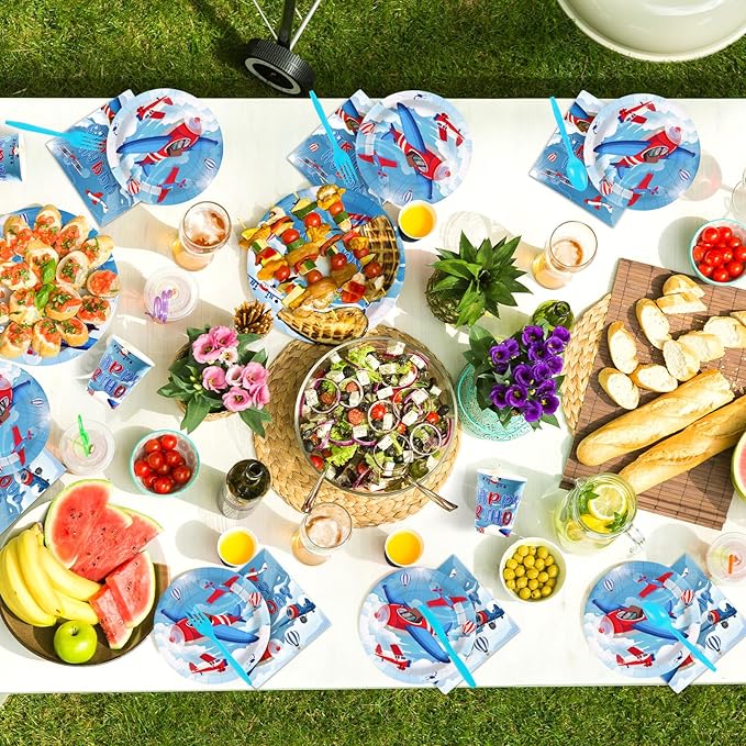 168Pcs Airplane Birthday Party Supplies Red and Blue Airplane Plates Napkins Cups Little Explorer Tableware Sets Pilot Plane Theme Decorations for Baby Shower Birthday Party Decorations Serves 24