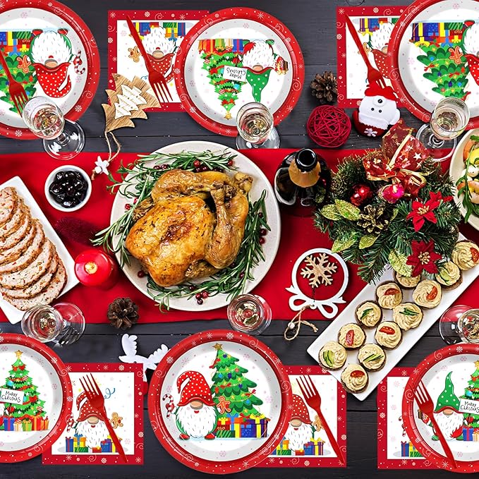 96 Pcs Christmas Party Supplies Paper Plates Napkins Merry Christmas Tree Gnome Party Disposable Tableware Set Decorations Favors for Holiday Xmas Serves 24
