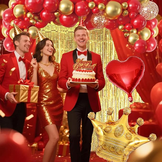 Red And Gold Birthday Decorations for Women,Fringe Curtains Happy Birthday Banner,Red balloons,Cake Toppers for girls